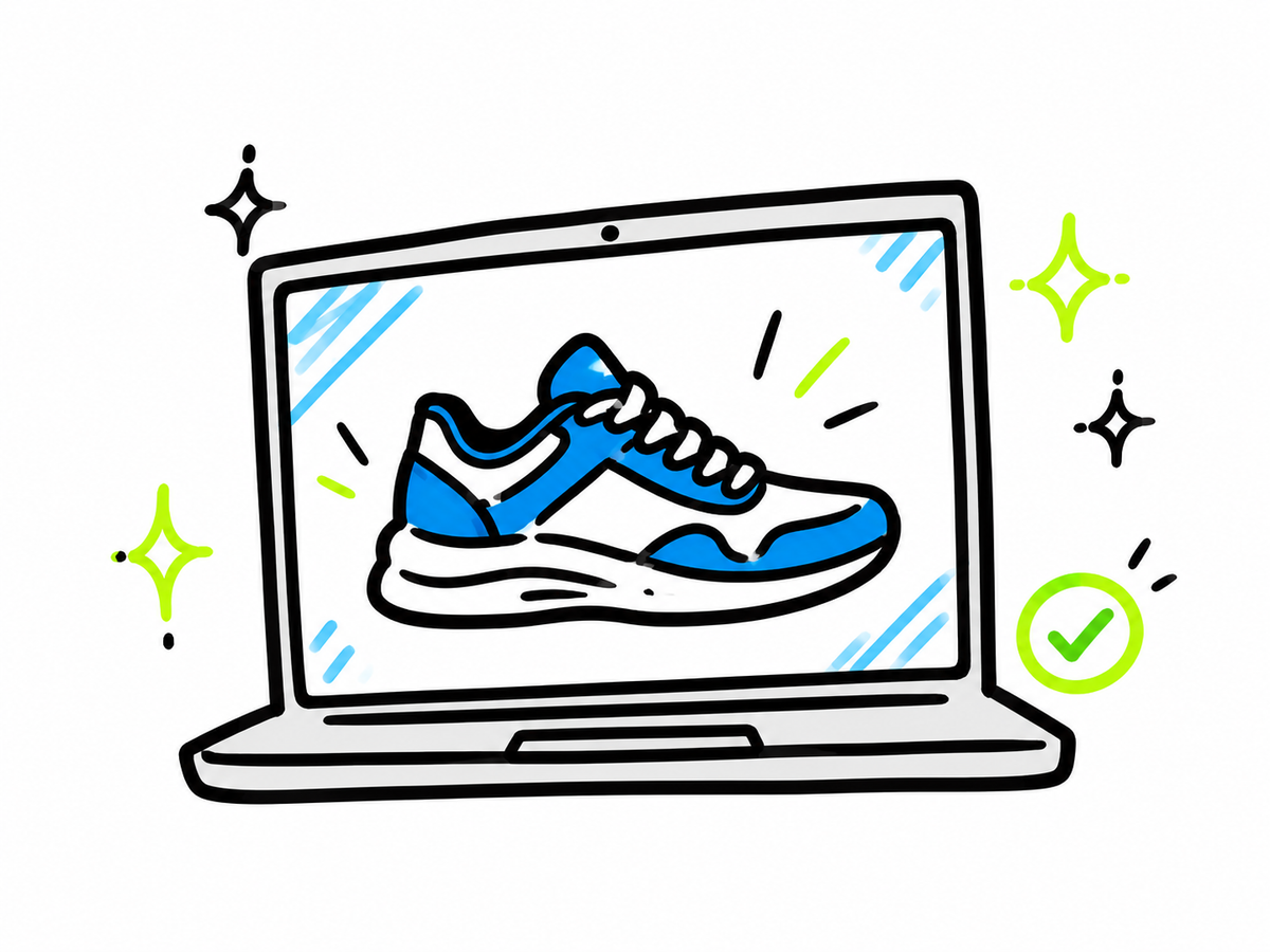Illustrated laptop showing a blue trainer with small sketch sparkles.