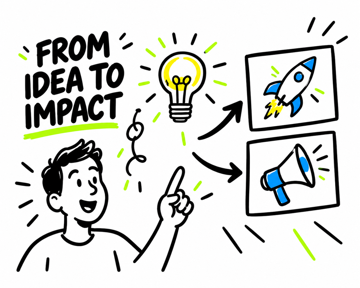 A hand-drawn presenter connects a lightbulb idea to a rocket launch and a megaphone, with the words From idea to impact.