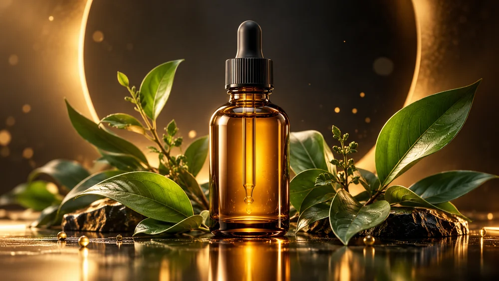 AI-generated advertising visual concept of an unbranded amber bottle with botanical leaves.
