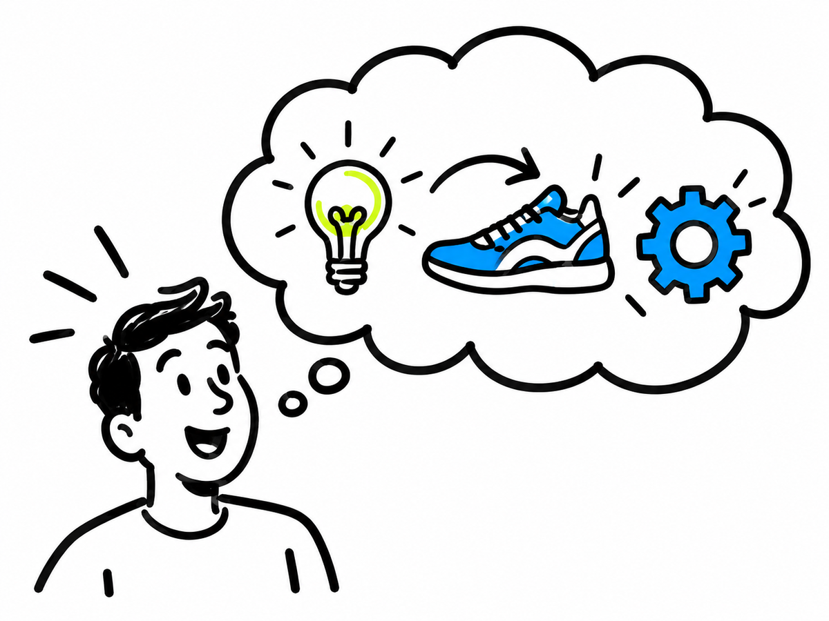 Hand-drawn presenter imagining a lightbulb, a product and a cog in a thought bubble.