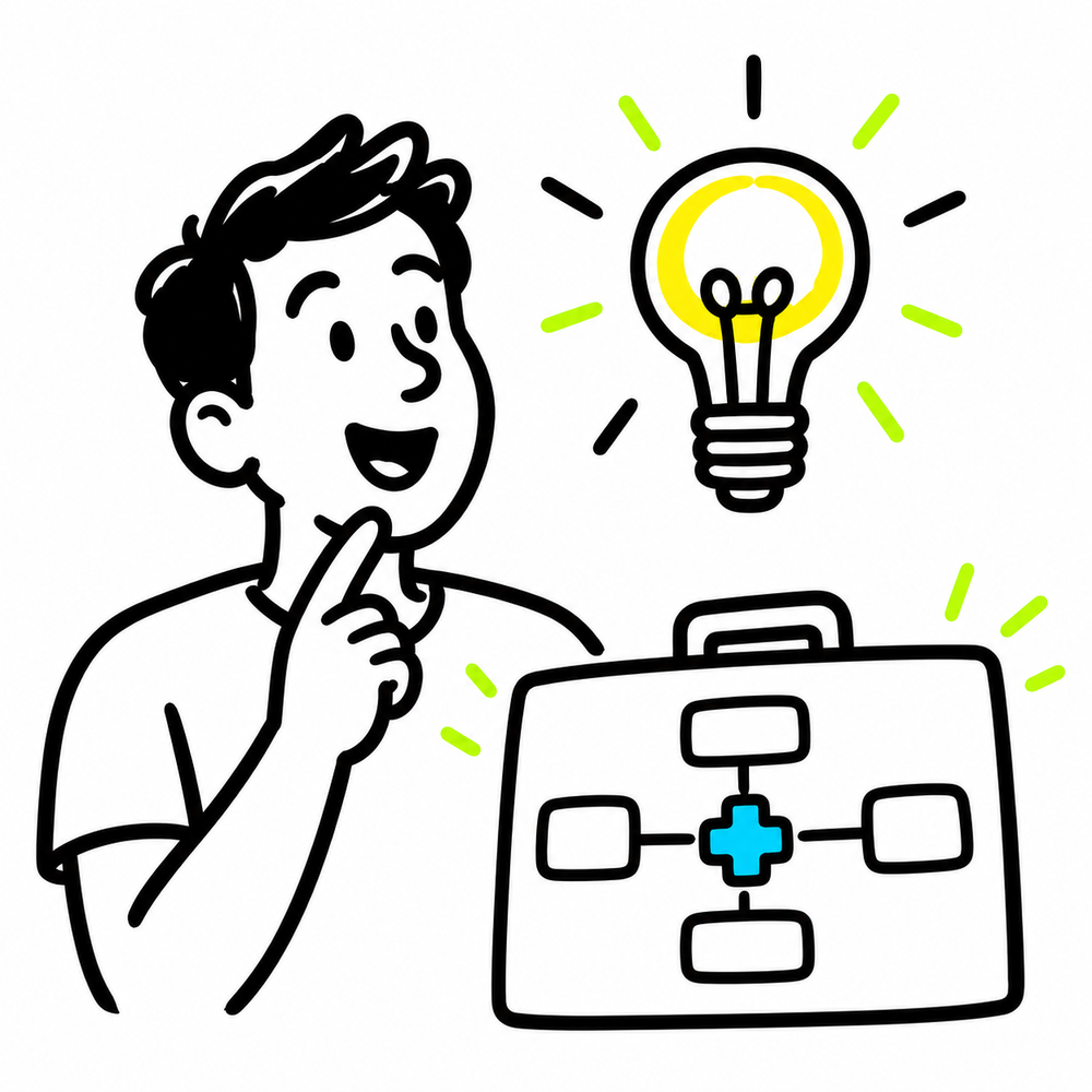 Hand-drawn presenter thinking about a lightbulb idea beside a service diagram.