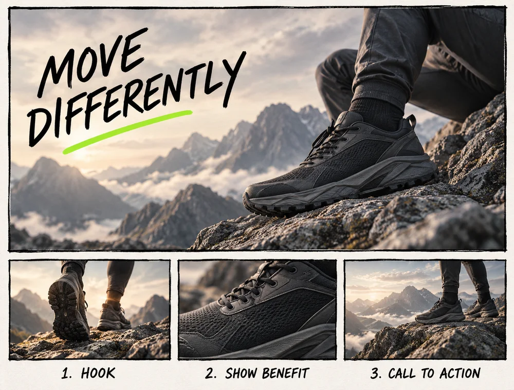Trainer campaign storyboard with a hook, benefit and call to action.